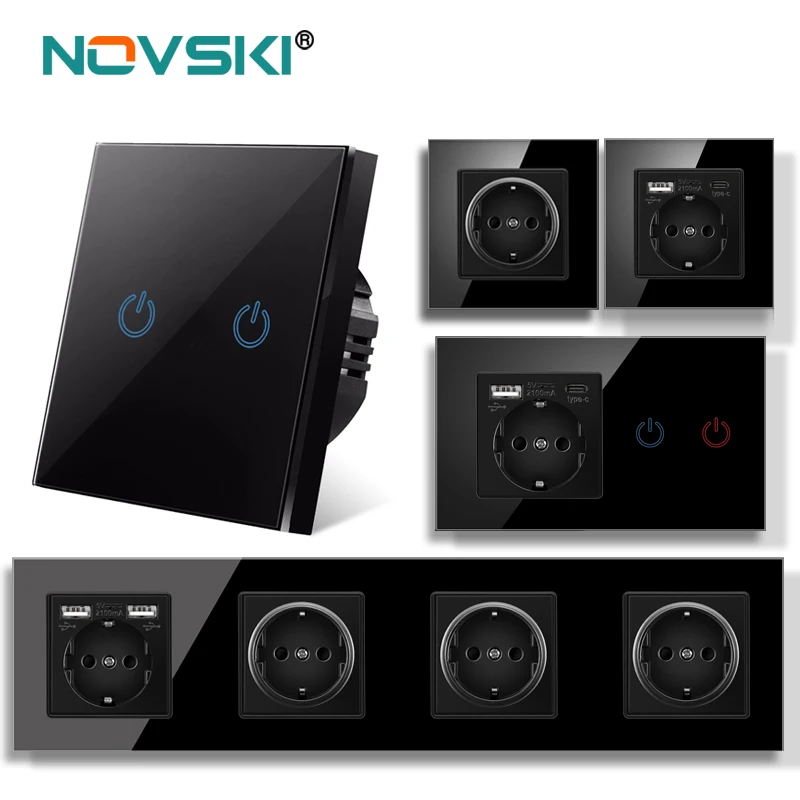 

novski Touch sensor switch with socket crystal glass panel 110~250V 16A 146*86 wall socket with Light Switch 1/2/3Gang 1Way