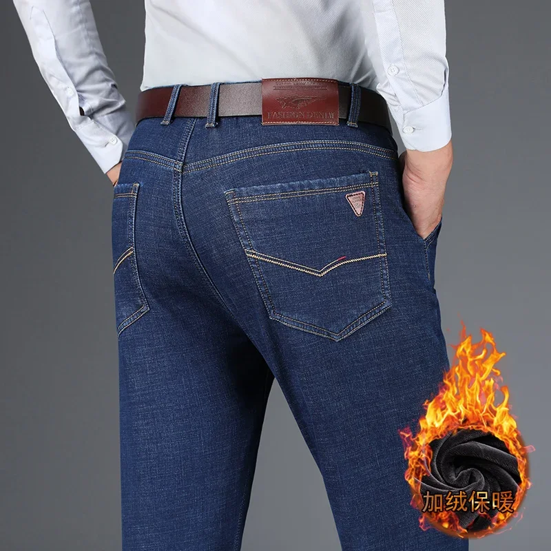 High Quality Winter Men's Warm Fleece Slim Fit Jeans Business Fashion Thicken Denim Trousers Stretch Brand Pants Black Blue 40