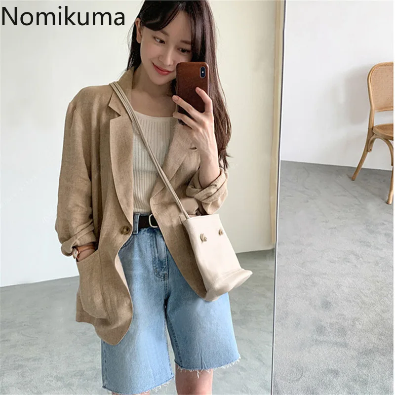 Nomikuma-Blazer en coton et lin pour femme, veste à manches longues, bouton unique, document solide, décontracté, tout match, nouveauté, 2022