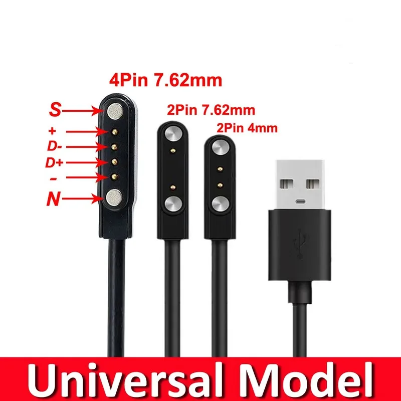 Universal 2Pin 4mm 7.62mm 4Pin Strong Magnetic Charge Cable USB Charging Line Cord Black White for Smart Watches