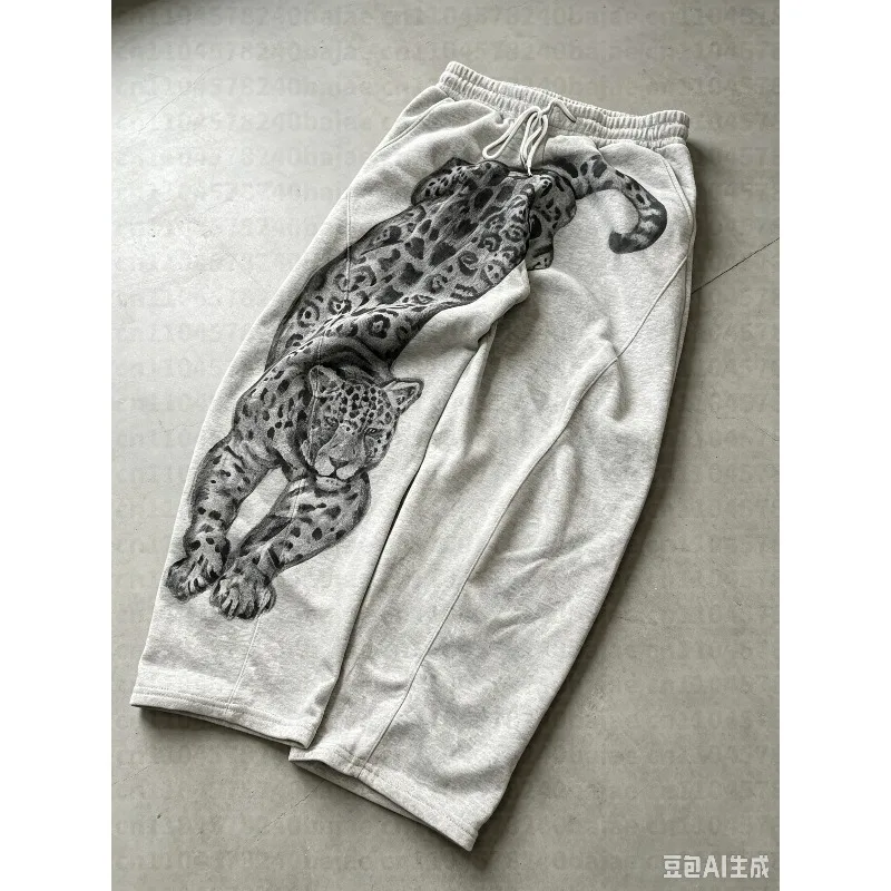 Y2K Retro Wide Leg Leopard Pattern Printed Sports Pants for Men and Women Kid, Street Wear, Daily Casual Loose Pants
