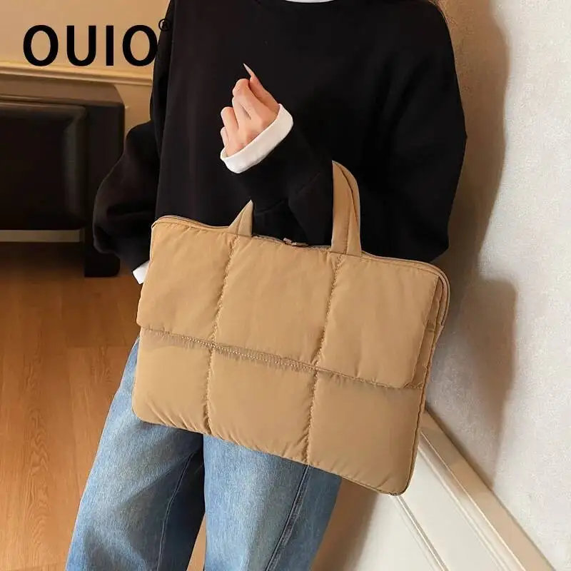 OUIO Women Puffy Quilted Laptop Handbag Shockproof Notebook Tote Bag Fit 13-15.6 Inch MacBook Office Travel Computer Briefcase