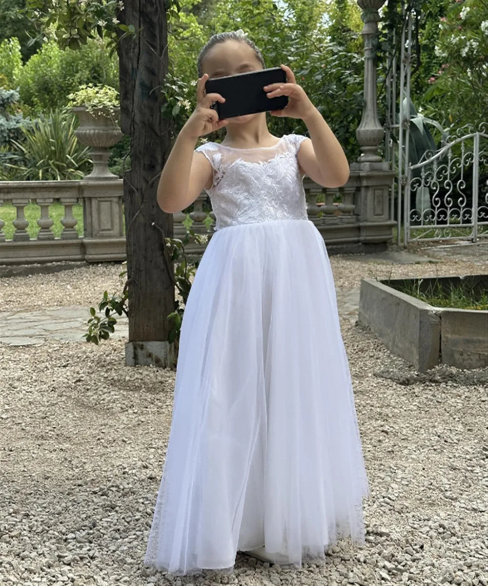 

Customized Sleeveless Flower Girl Dress for Wedding Appliques with Bow Toddlers Princess Party Pageant Kids First Communion Gown