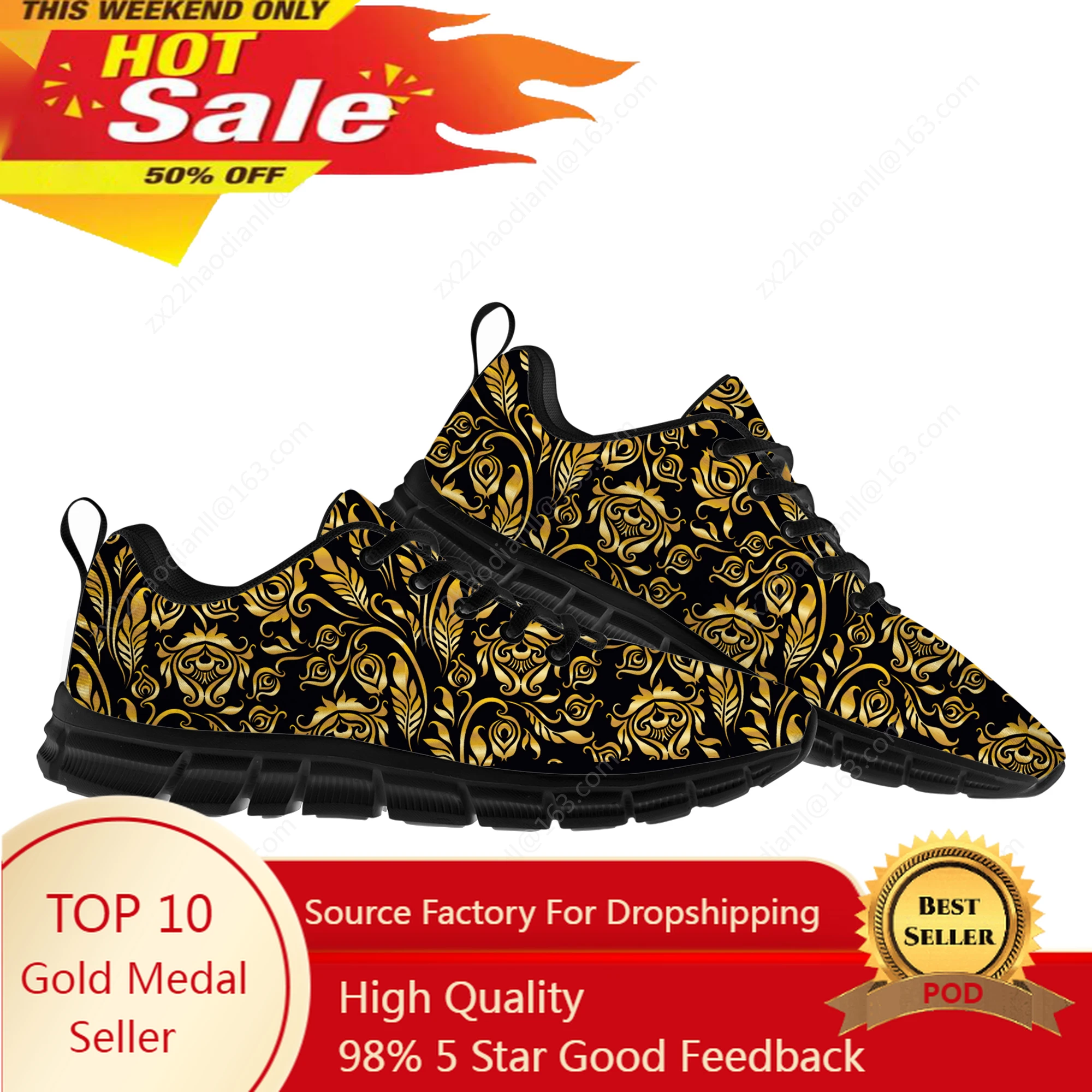 

Luxury Golden Floral Prints Sports Shoes Mens Womens Teenager Kids Children Baroque European Sneakers Casual Custom Couple Shoes