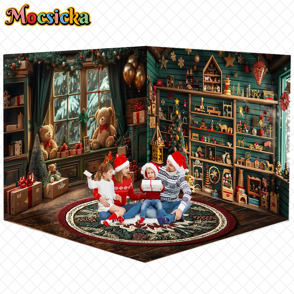 

Mocsicka New Year Party Backdrop Christmas Room Tree Window Toy Bear Gifts Bookshelf Decorations Family Holiday Photo Background