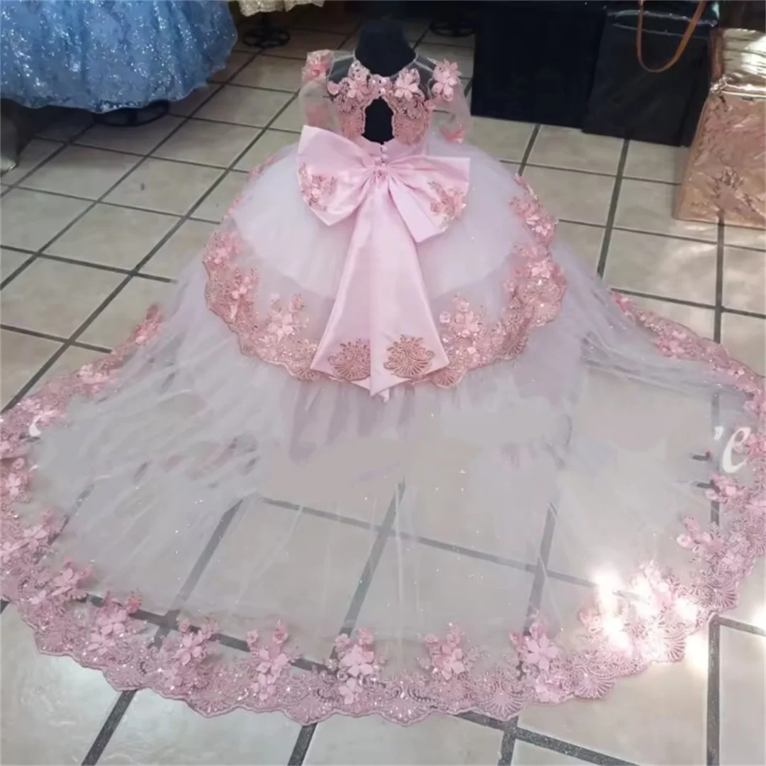 

White And Pink Flower Girl Dress For Wedding Tulle Puffy Lace Applique Kids Birthday Party First Communion Ball Gowns Customized