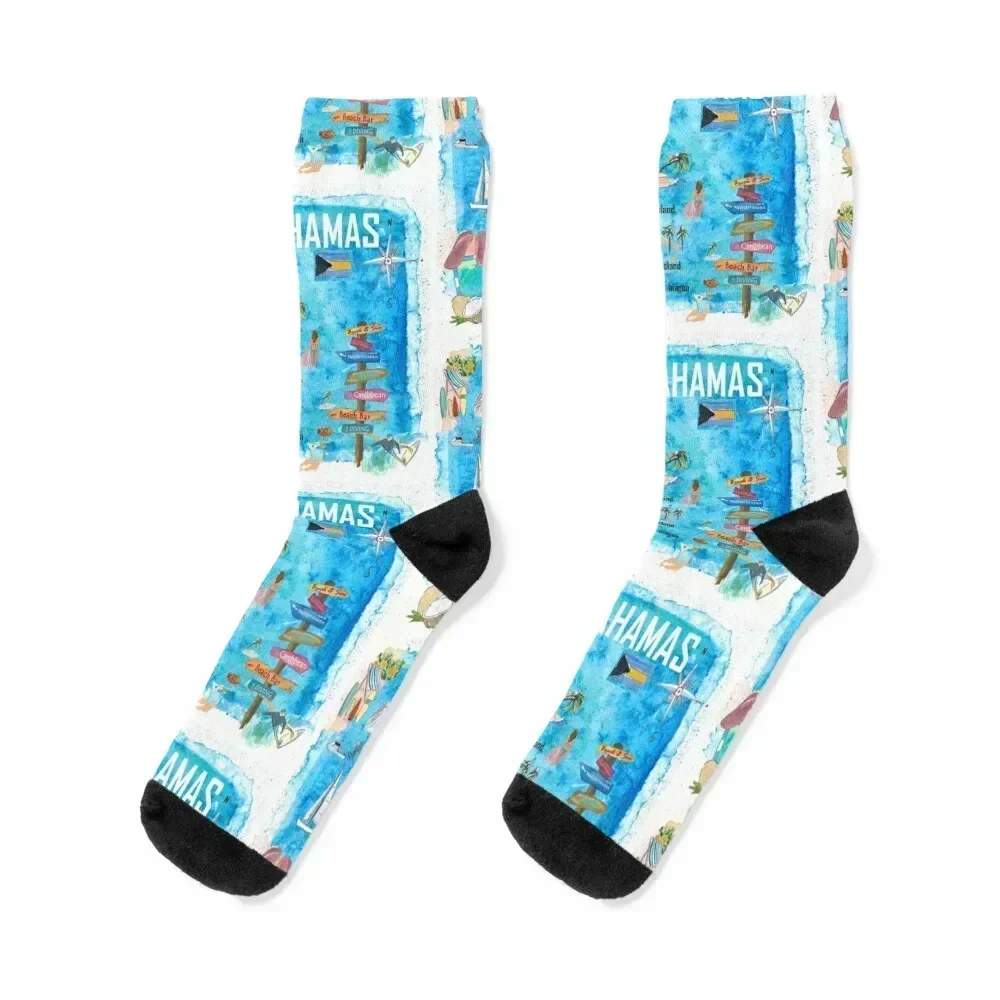

The Bahamas Illustrated Map with Main Roads Landmarks and Highlights Socks funny gift gift Sports short Socks Ladies Men's