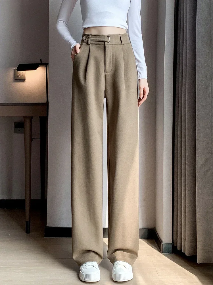 Winter Thick Loose Casual Female Wide Leg Pants Pure Color Chic Buttons Straight Slim Fashion Women Pants Black Apricot  XJ116