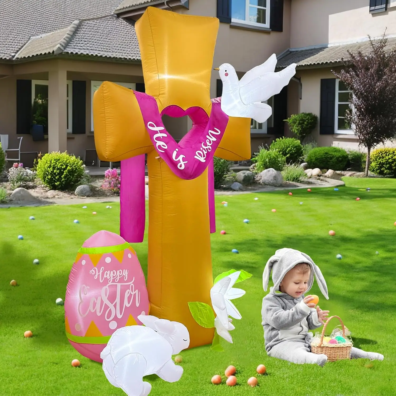 8ft Inflatable Easter Decoration Outdoor Inflatable Easter Bunny with LED Lights He is Risen Easter Decoration Yard Party Toys