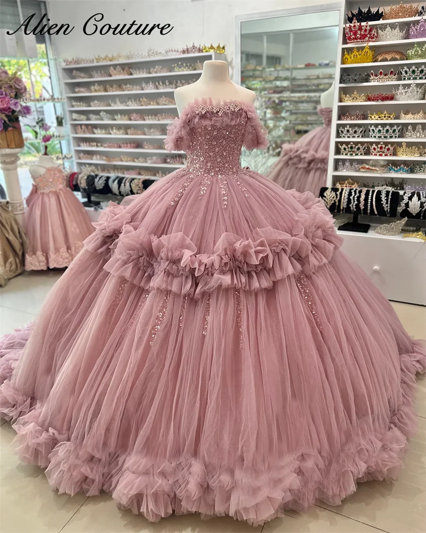 Luxury Pink Princess Ball Gown Quinceañera Dresses 2024 Ruffles Tiered Beads Diamonds Crystal Birthday Party For 15th Girls