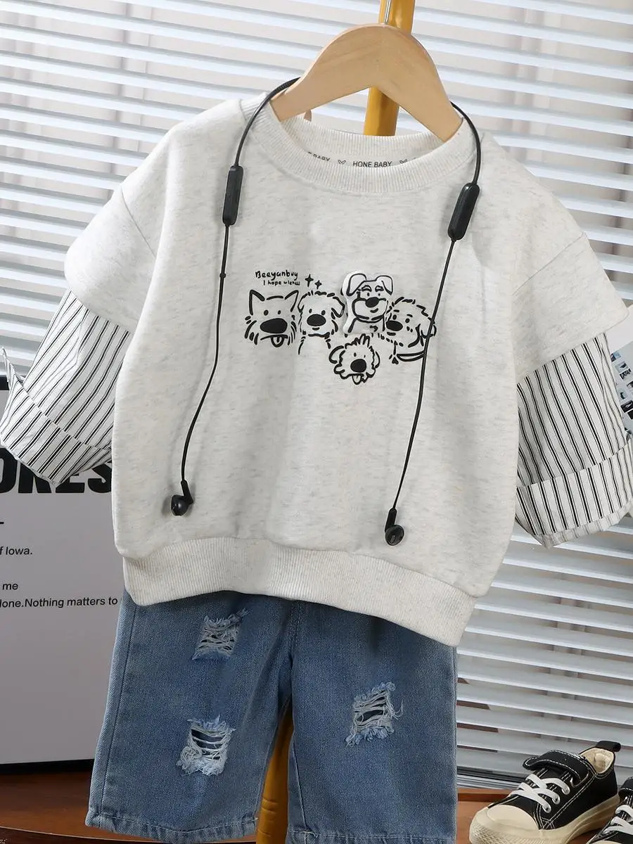 Maglietta per Bambini con Motivi Cartoon, Effetto Patchwork a Righe, Finto Due Pezzi, Autunno 2025, Nuova Moda per Bambine