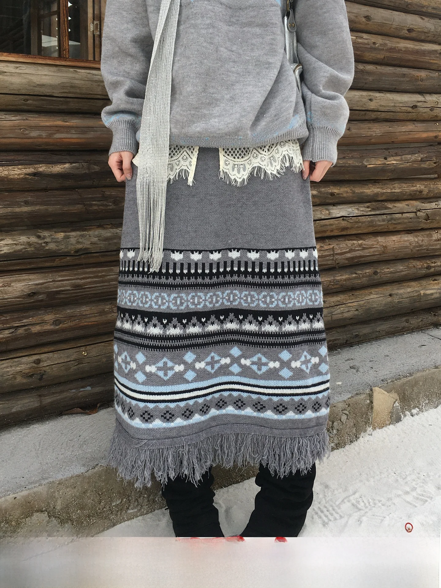 

Винтажная вязаная юбка с бахромой для женщин, в стиле Fair Isle, осенне-зимняя, с высокой талией, А-силуэт, повседневная одежда