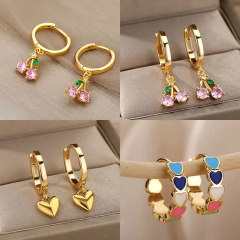 Crystal Fruit Cherry Drop Earrings For Women Stainless Steel Pink Cherry Earring Femme Fairy Fashion Boho Jewerly Gift 2023