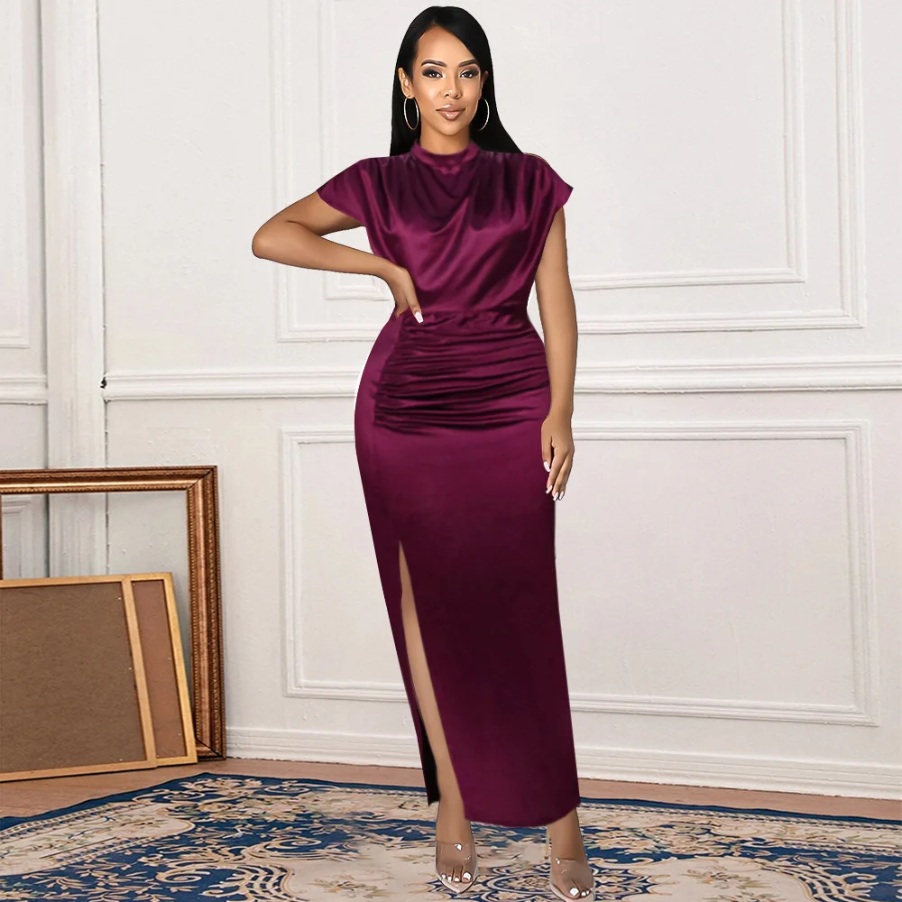 Abito lungo in raso bordeaux taglie forti da donna, scollo a cappuccio, maniche a cappuccio, vita arricciata, vestito aderente con spacco, abiti da sera per feste africane