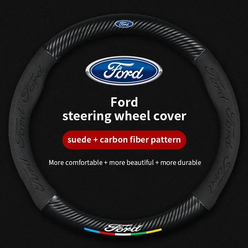 Funda de volante antideslizante de fibra de carbono y gamuza para Ford Mondeo, Focus, Raptor, Puma, Edge, Explorer, Ecosport, Ranger, F150, Kuga.
