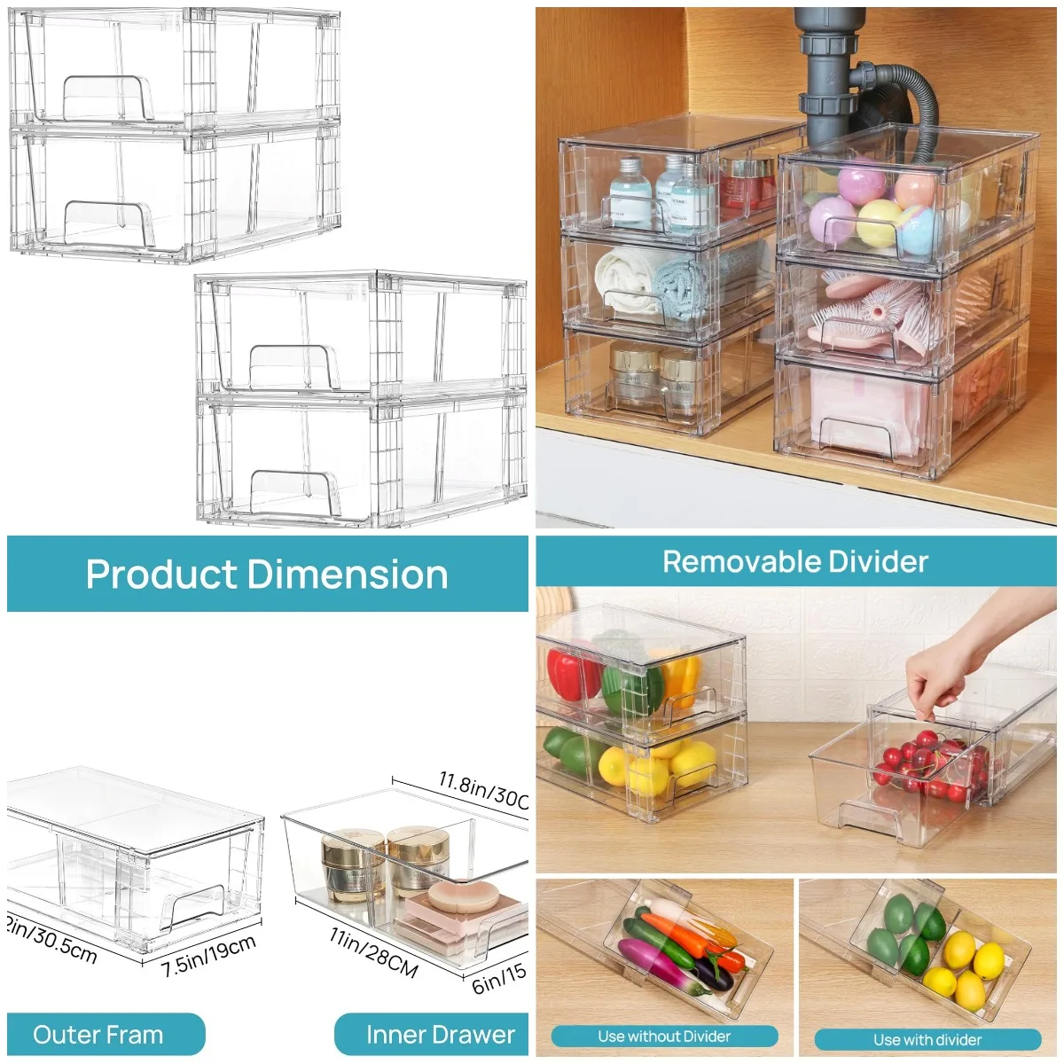 

Комплект из 4 прозрачных акриловых штабелируемых ящиков с ручками — органайзер для холодильника, ванной комнаты, кухни, шкафа, кладовой