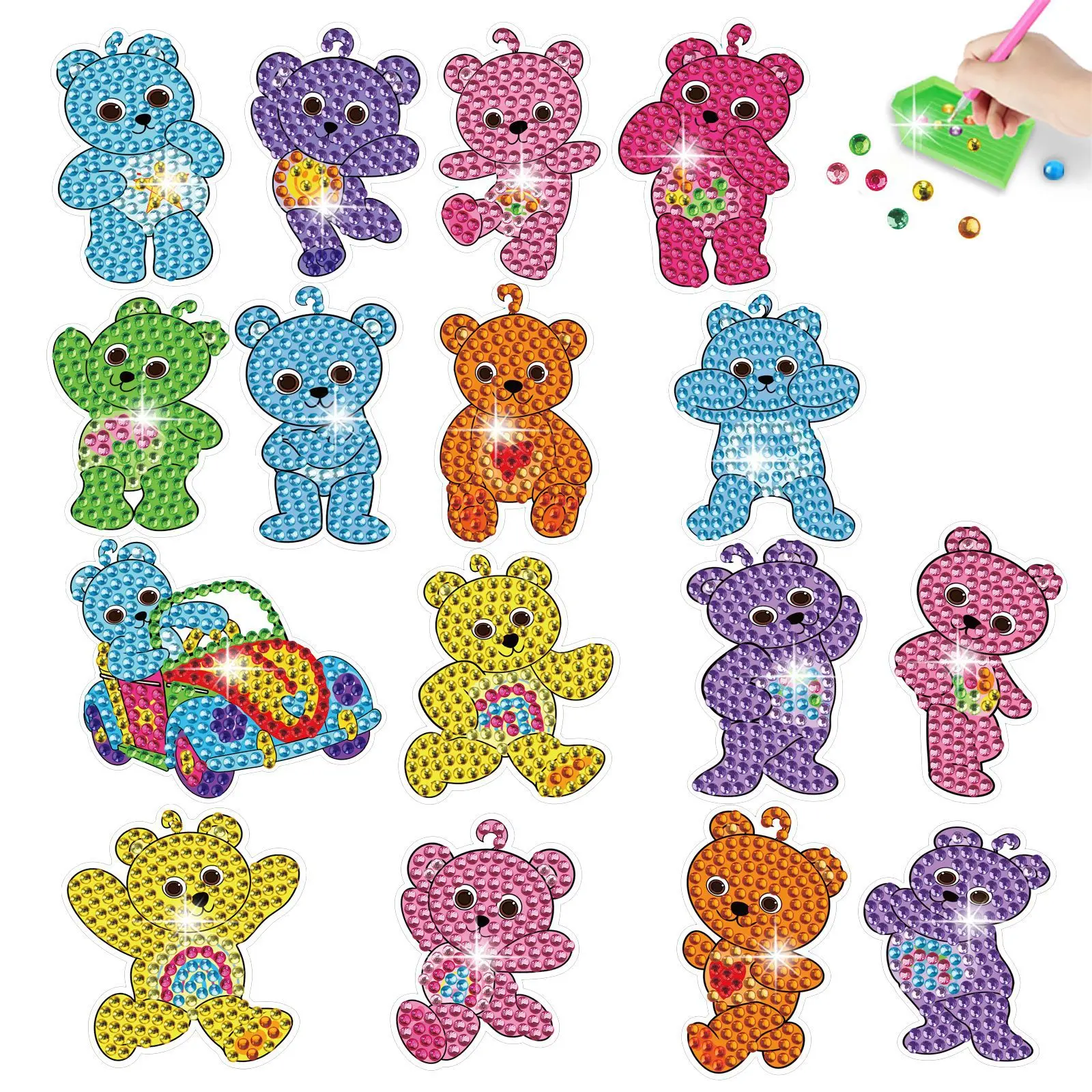 

16pcs DIY Diamond Painting Stickers, Wall Decals for Children, Featuring Colorful Cartoon Teddy Bears with Crystal Rhinestones