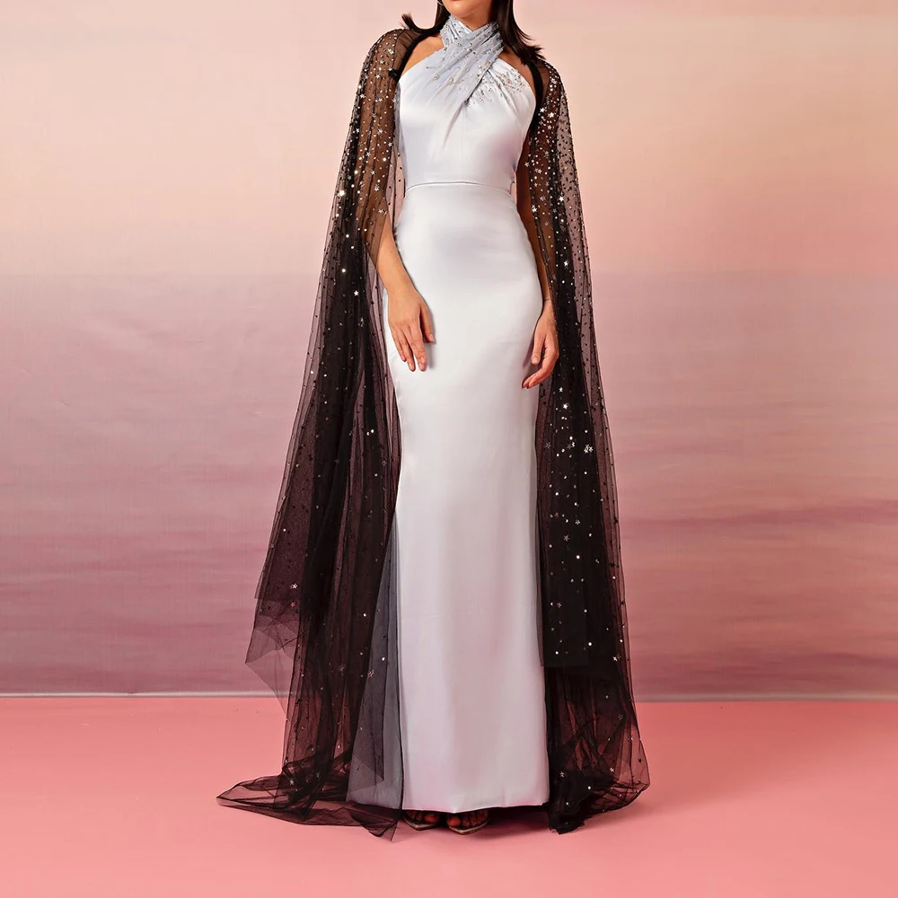 

High Quality Straight Floor Length Halter shawl Jersey Sleeveless Crystal Evening Dress Classic Photo Color vestidos de fiesta