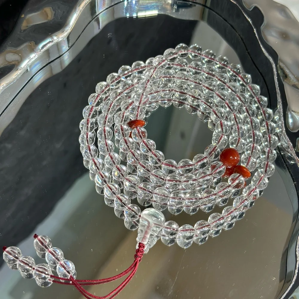 8mm Natural Clear Quartz Nanhong Agate 108 Beads Chain Necklace for Women Clavicle Fashion Healing Jewelry Gift - 1 Piece