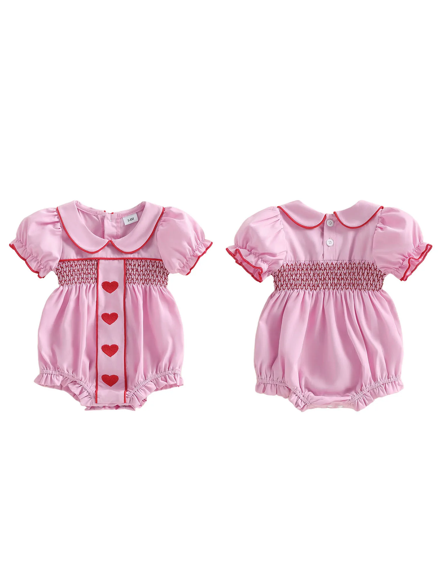 

Розовый комбинезон с принтом сердца для маленьких девочек, летний комбинезон с короткими рукавами и рюшами на воротнике, бантом и вышивкой