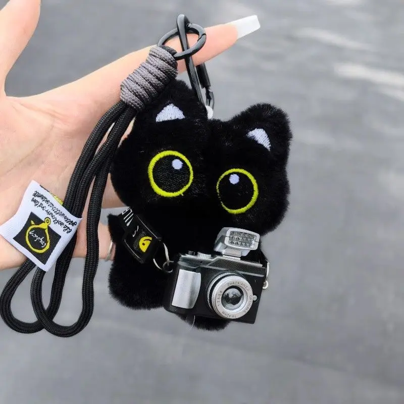 Llaveros de muñeco de peluche de gato negro, colgante pequeño, almohada de peluche, cojín Ins, llaveros de muñeco de juguete de peluche de gato negro para niño y niña