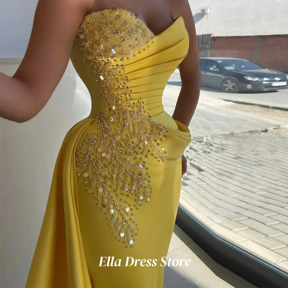 Graceful Yellow Satin Evening Dress Customized Strapless Sleeveless Celebrity Gowns Sparkly Beading Sequin Homecoming Dresses image 4