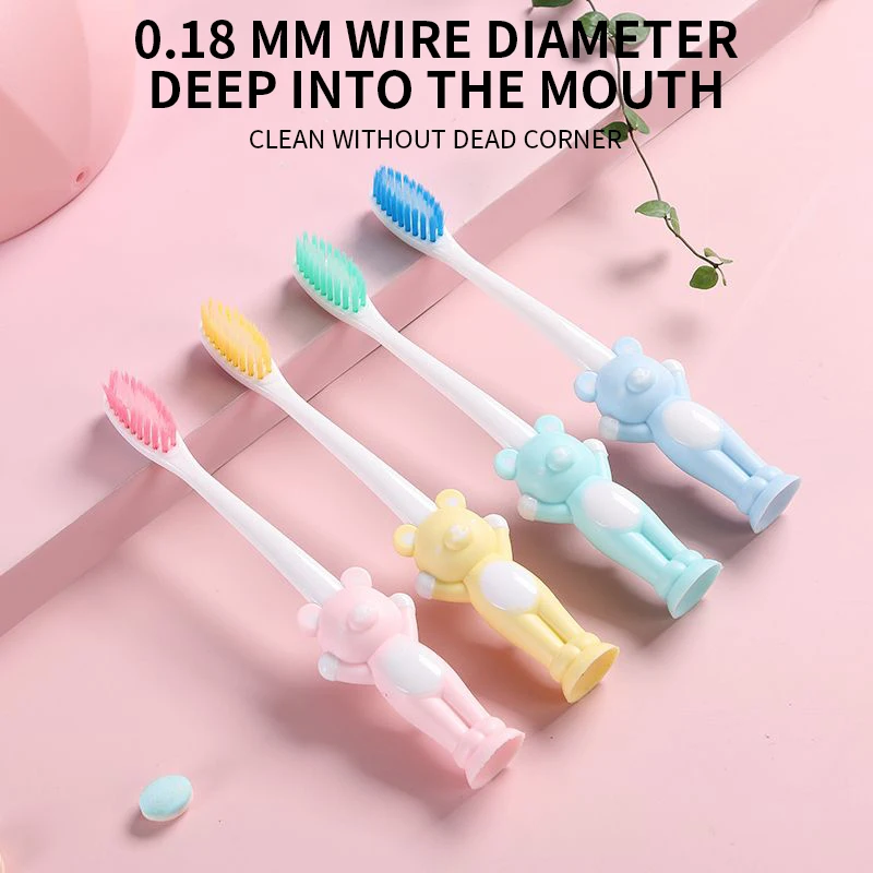 4pcs cartoon teddy bear children\'s toothbrush with ultra-fine soft hair for boys and girls aged 5-12