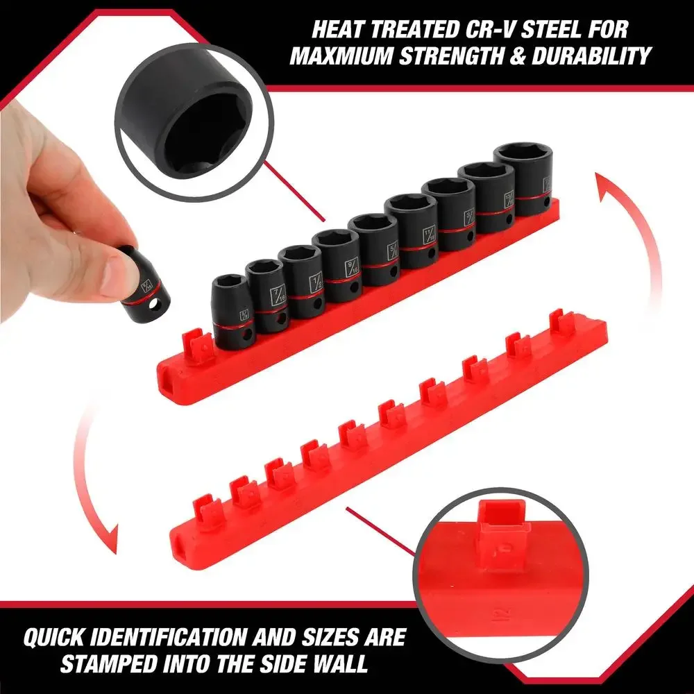 Imagem -04 - Conjunto de Soquete de Impacto Padrão de Unidade de Sae Trilho de Armazenamento Codificado por Cores de Aço Cromo Vanádio de 11 Peças