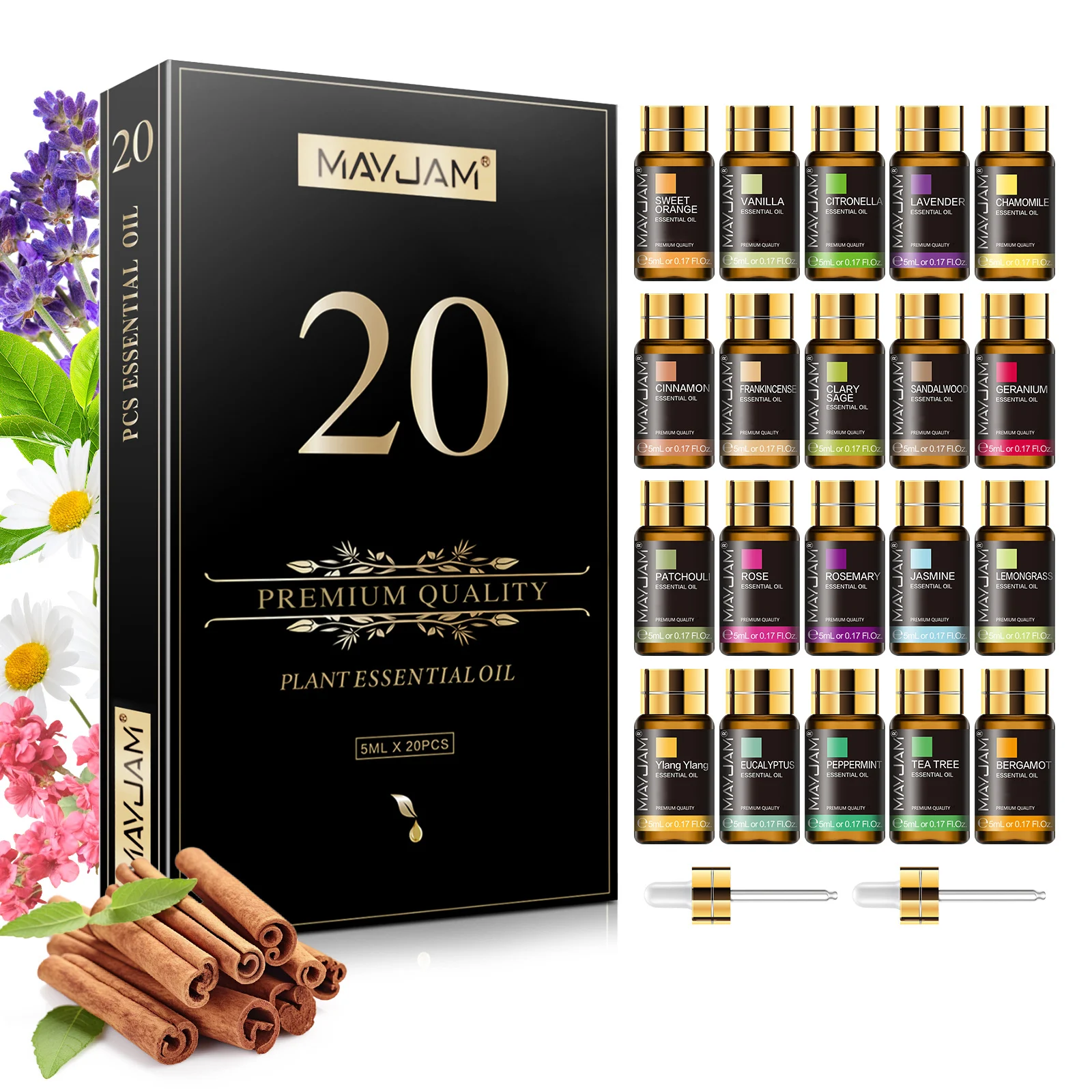 MAYJAM 20 Bottles Aromatherapy Essential Oils Set for Skin Hair Care ,Lavender Jasmine Eucalyptus Vanilla Mint Sandalwood Sweet Orange Ylang Ylang Rose Bergamot Tea Tree Cinnamon Citronella Rosemary for Diffuser Humidifier Burner Making Perfume Candle
