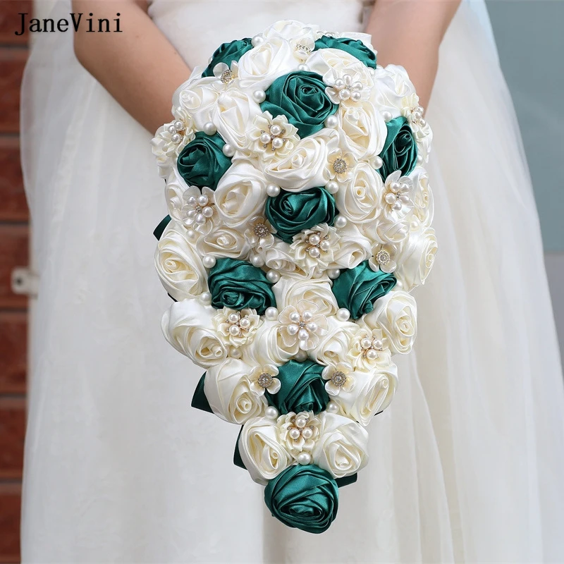 JaneVini Dark Green Ivory Cascading Flowers Waterfall Bridal Bouquets Pearls Artificial Satin Roses Wedding Brooch Bouquet 2023