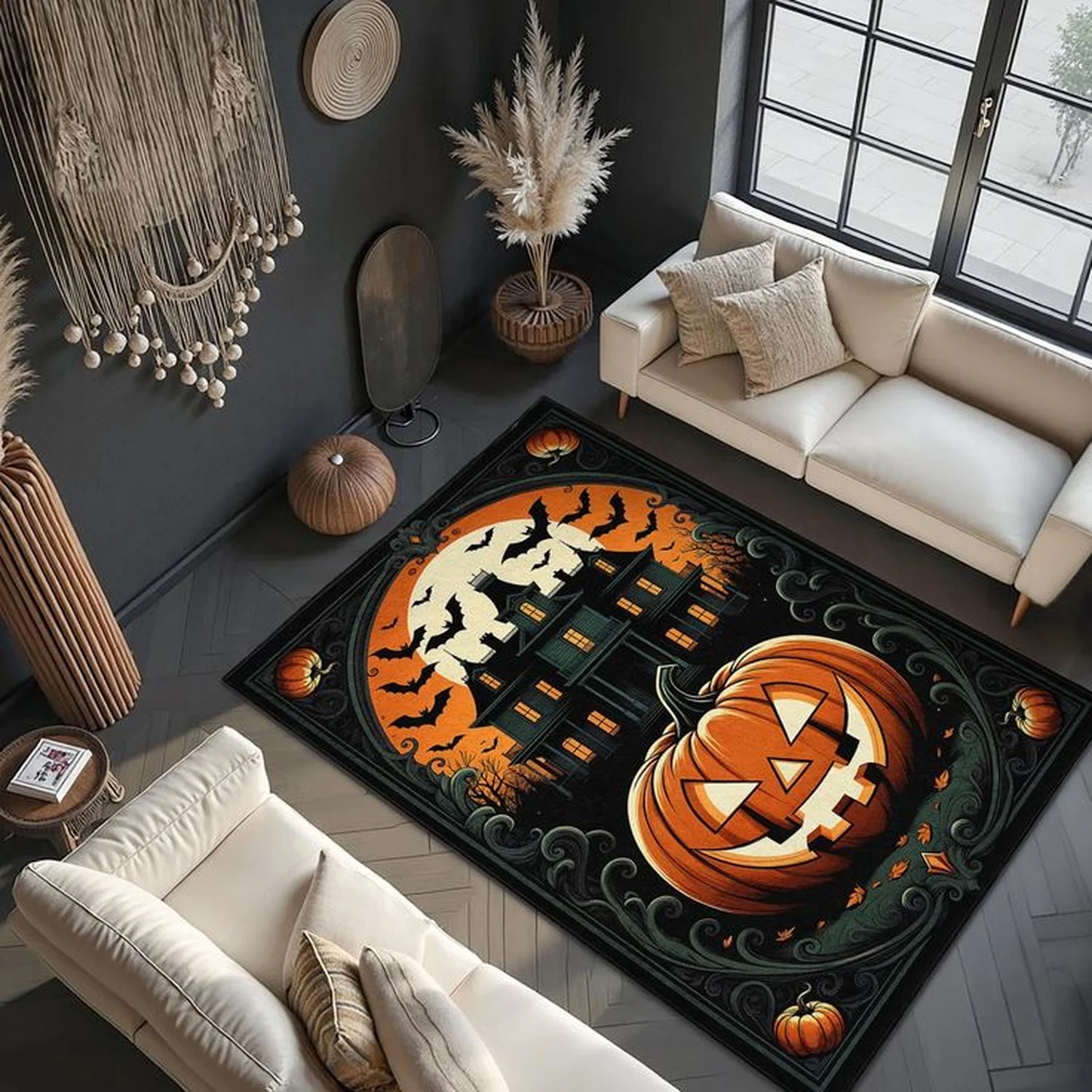 Halloween Pumpkin and Haunted House Rectangular Rug_Quirky Fall Decorations_Halloween Themed Home Rug_Seasonal Living Room Decor.