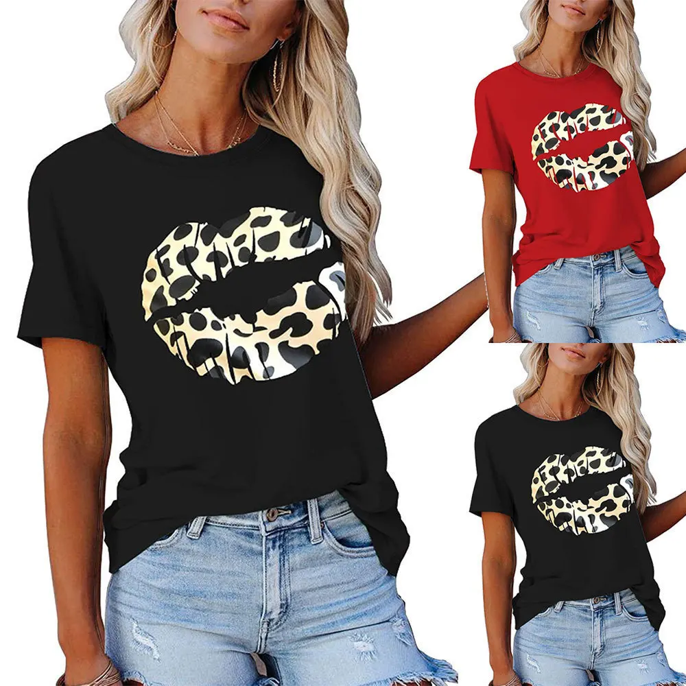 

Big Leopard Lips Print Women T Shirt Short Sleeve O Neck Loose Women Tshirt Ladies Tee Shirt Tops Camisetas Mujer