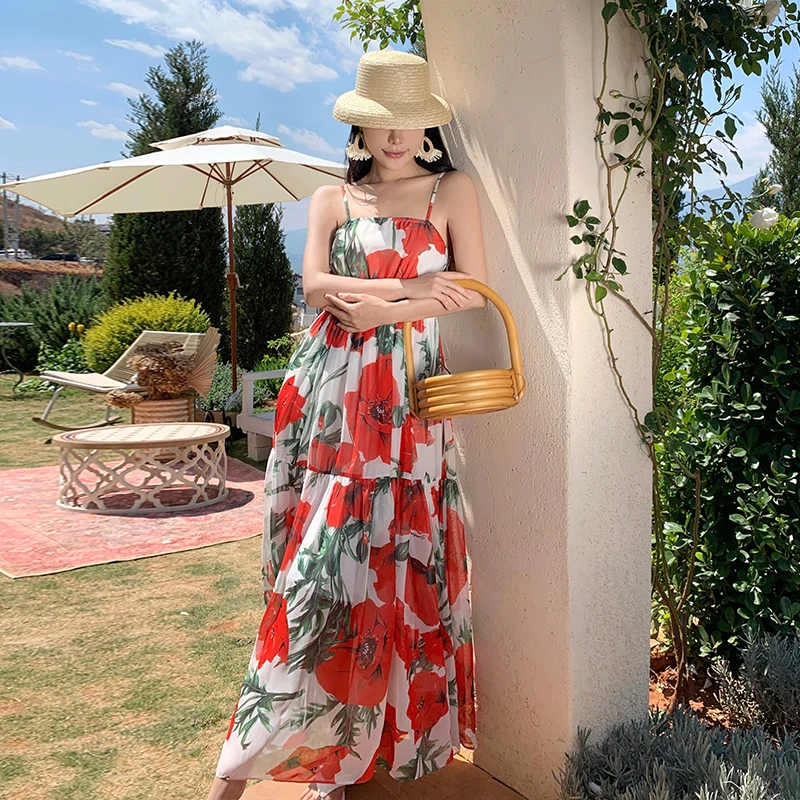 

2023 New Fashion Runway Summer Beach Dress Women's Spaghetti Strap Red Rose Flower Print Vacation Party Long Robe Vestidos