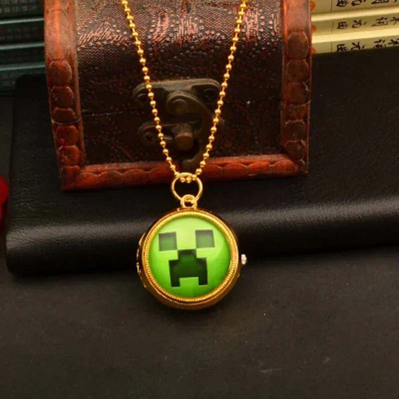 Minecraft Watches Quartz Pendant Necklace Creeper Golden Rotatable Pocket Clock Numerals Analog Display for Watches Gift Toy