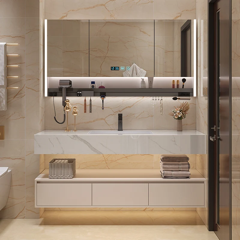 

Cream wind modern simple rock slab ceramic seamless basin toilet washstand hand washbasin bathroom cabinet combination