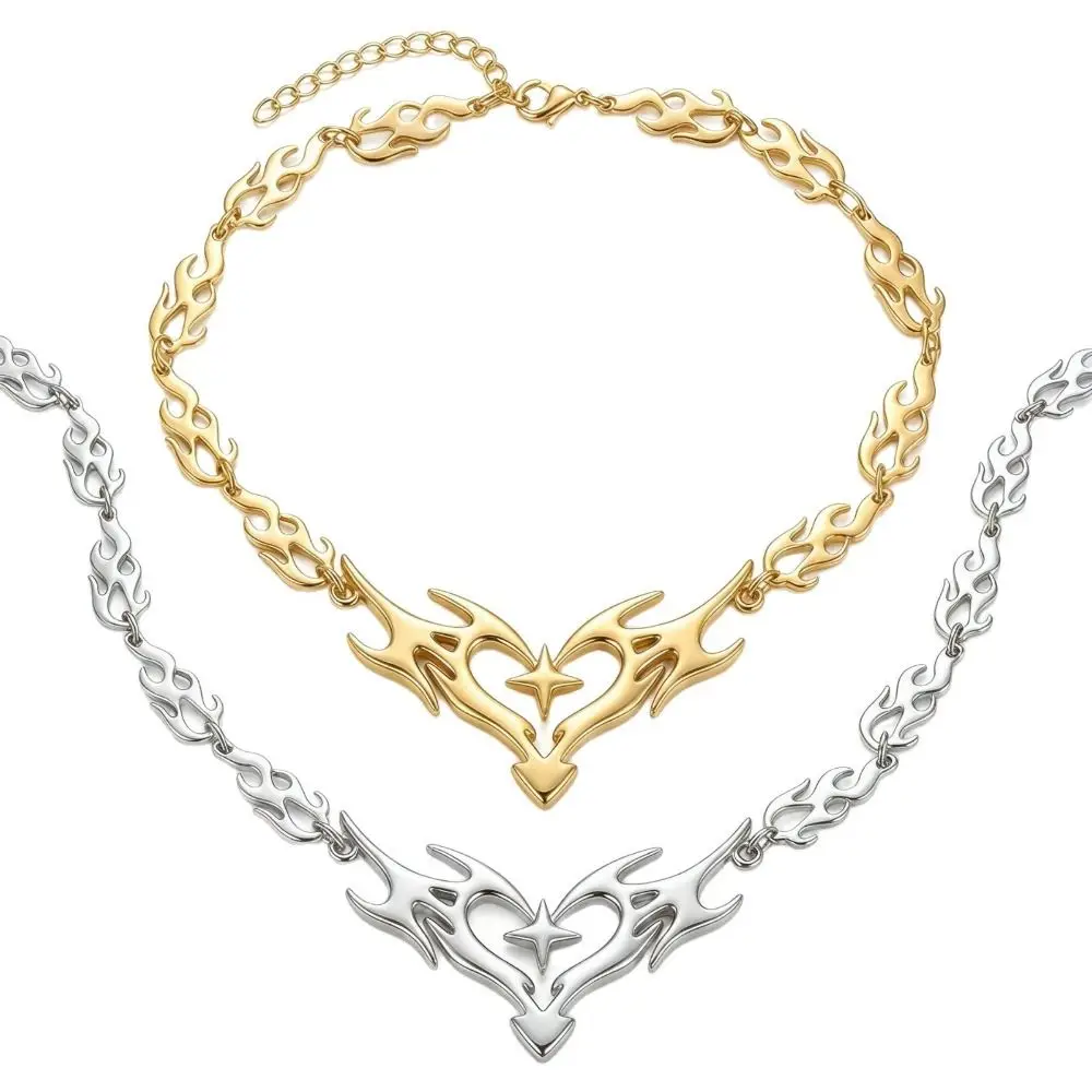 Hip Hop Metal Heart Heart Pendant Hollow Star Flame Golden Finish Clavicle Chain Statement for Men