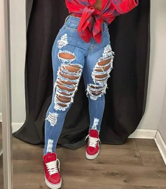 

Trendy, Personalized, Brushed, Perforated Design, Tight Jeans for Women, High Street Style, Trendy and Fashionable Tight Jeans