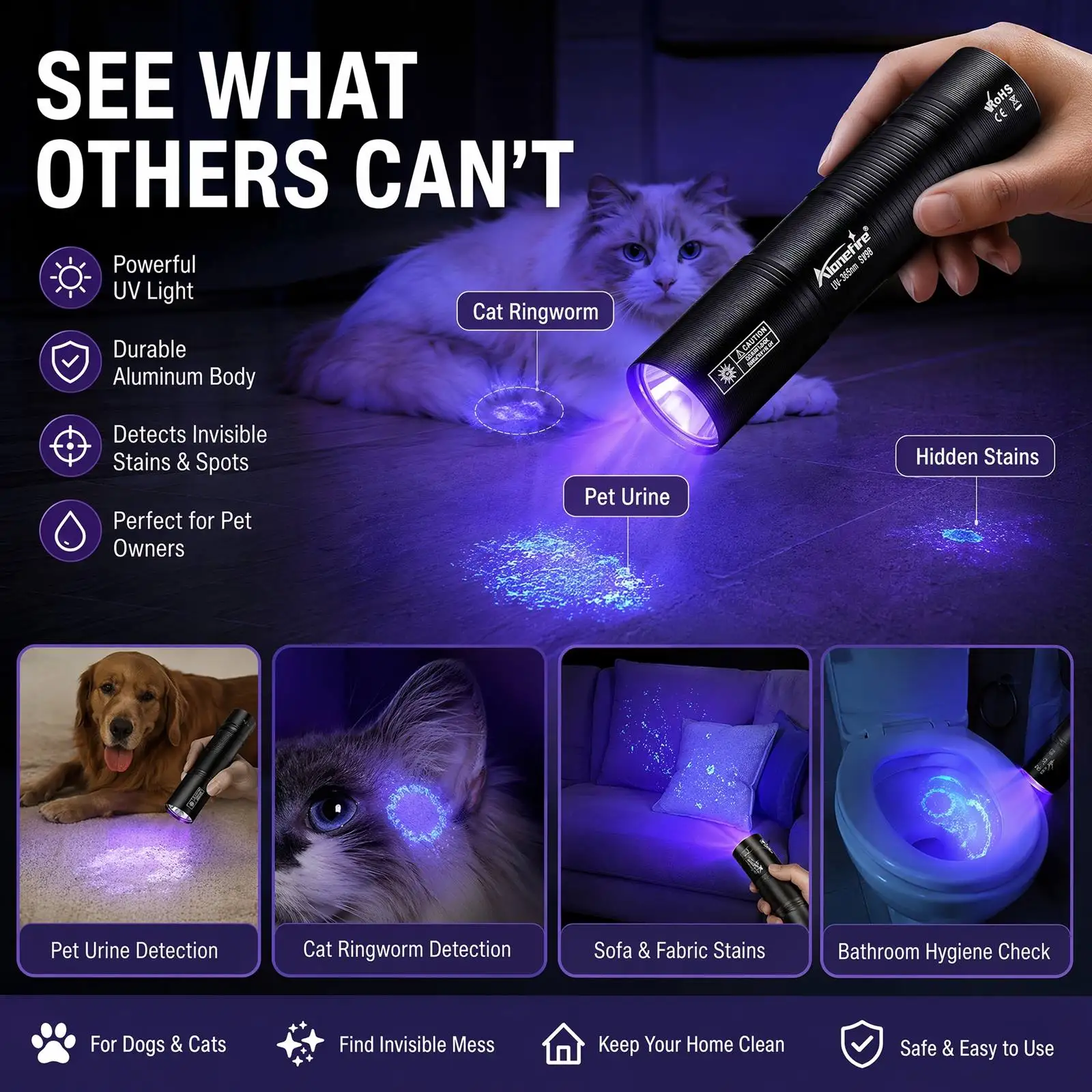 365nm/395nm UV Flashlight USB Rechargeable Mini Ultraviolet Nail Lamp Torch Pet Urine Cat Tinea Money Ore Marker Detection Light