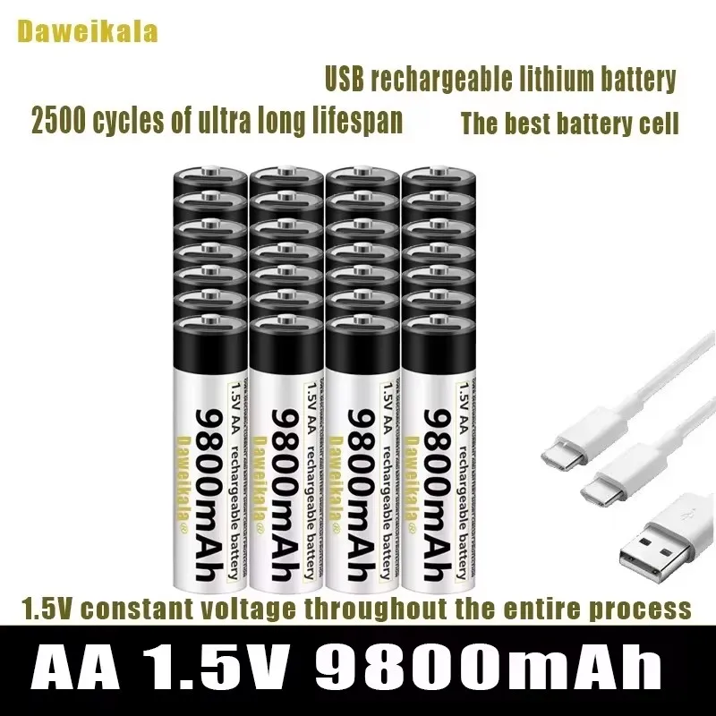 

1.5V AA 9800mWh Li-ion Battery - USB Rechargeable with Cable for Remote/Mouse/Toys | High Capacity & Long Lasting Power