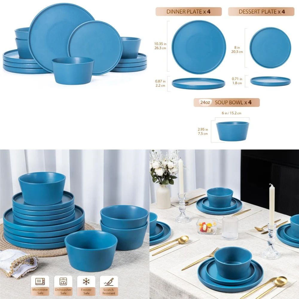 

Ceramic Tableware Set12 Piece Stoneware Dinnerware Set for 4 Includes Plates Bowls Durable Ceramic Service for Everyday Use