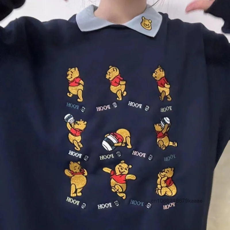 Disney Winnie The Pooh College Style Fake Two Collared Pullovers Women New Korean Version Fashion Cute Embroidery Versatile Top