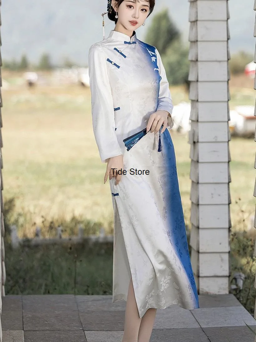 نافذة زهرة الأزرق مصبوغ تحسين Hanfu المرأة الجديدة النمط الصيني هان عنصر فستان طويل الأكمام شيونغسام الربيع