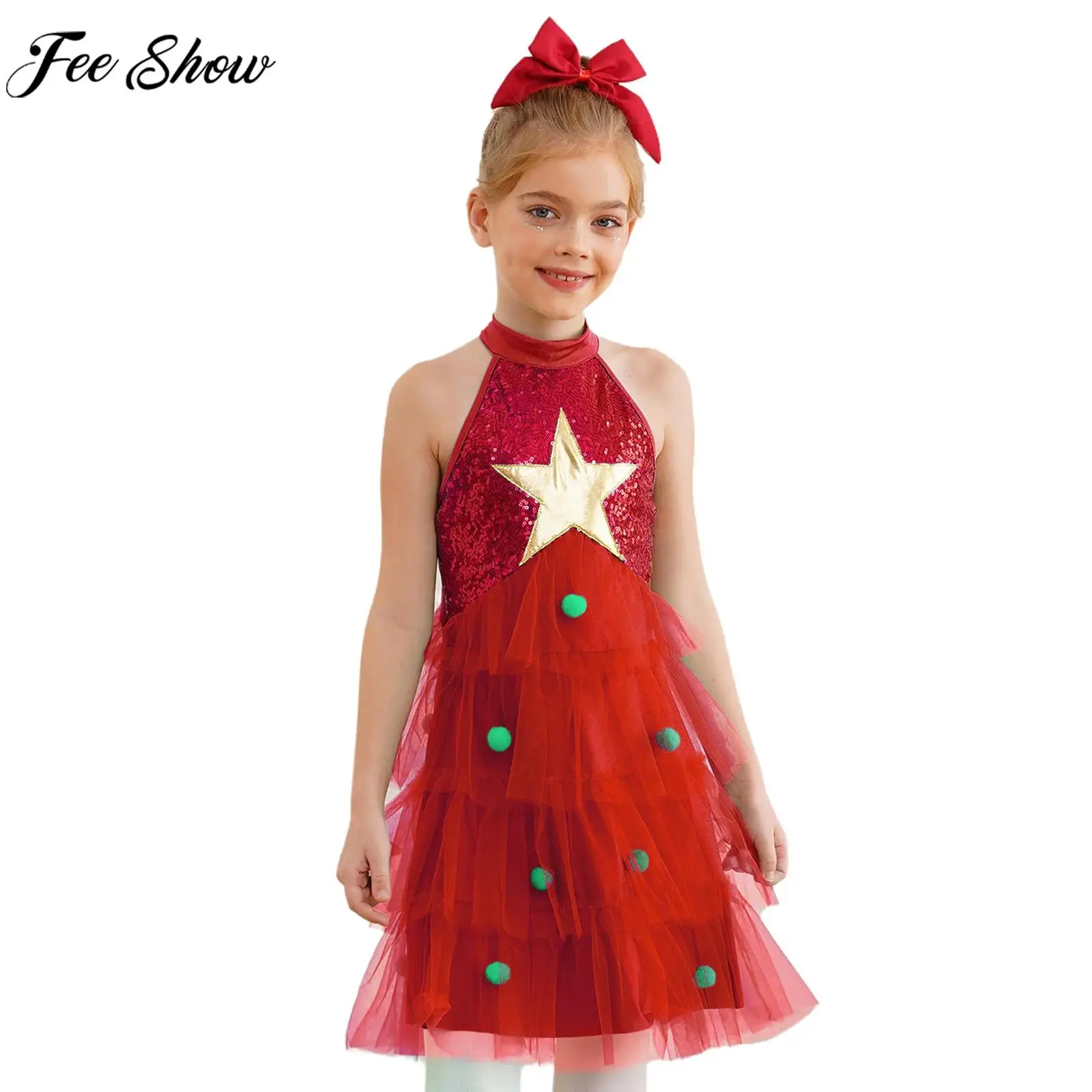 Teen Girls Christmas New Year Party Dance Drss Lyrical Dance Figure Skating Costume Sleeveless Tiered Sequins Pompoms Mesh Tutu