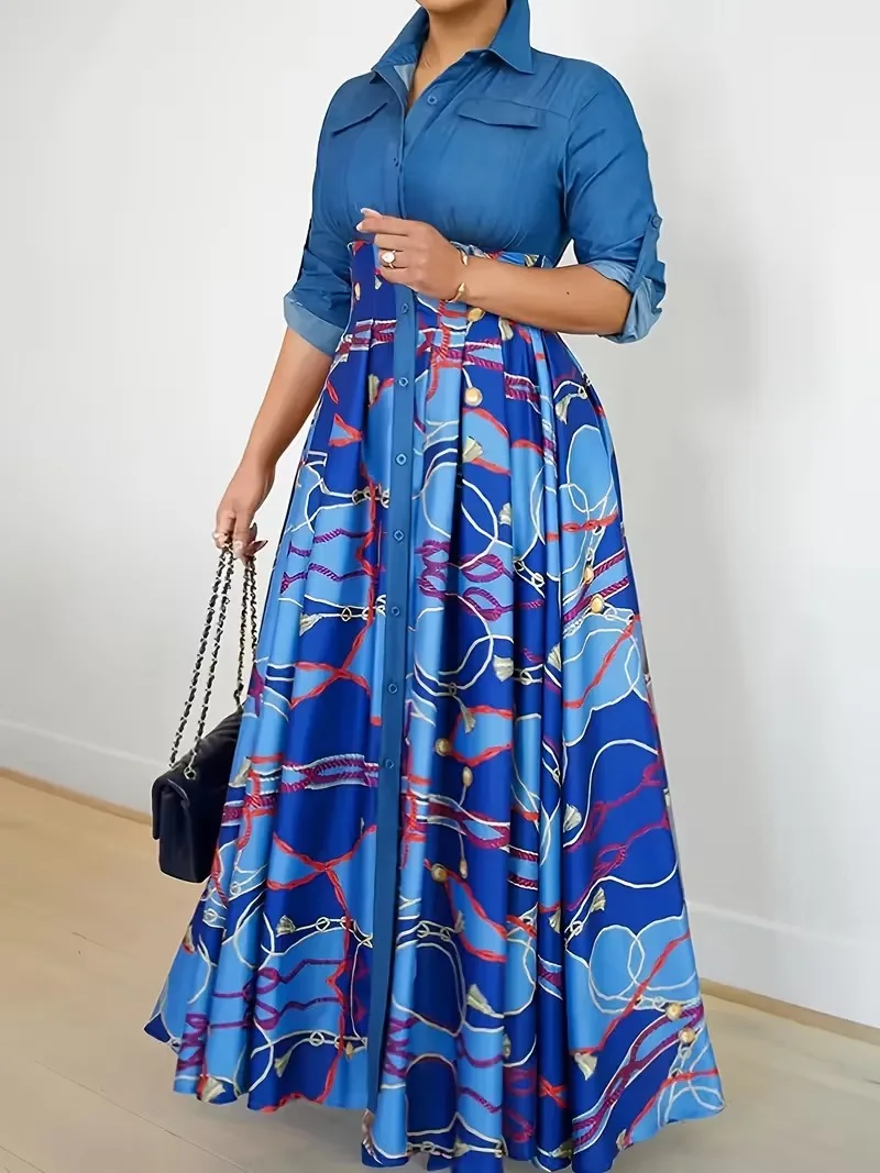 فستان نسائي طويل بطبعة بيزلي مرقع بأزرار أمامية على شكل قميص فستان ريترو على طراز الشارع