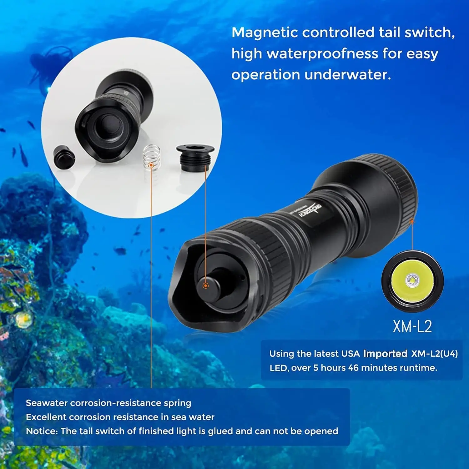 Scuba Diving Flashlight Waterproof Scuba Dive Torch Light Powerful LED Flashlights ORCATORCH D550 Professional Diving Equipment