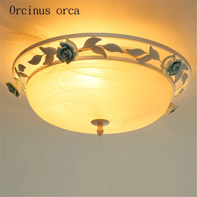 Mediterranean flower glass ceiling lamp living room dining room  style simple warm iron round ceiling light free shipping