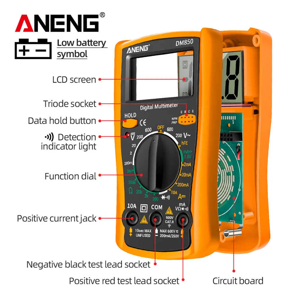 Aneng dm850 1999カウントデジタルマルチメータ電気自動AC/DC Votageテスター現在のオームメーター検出器ツール