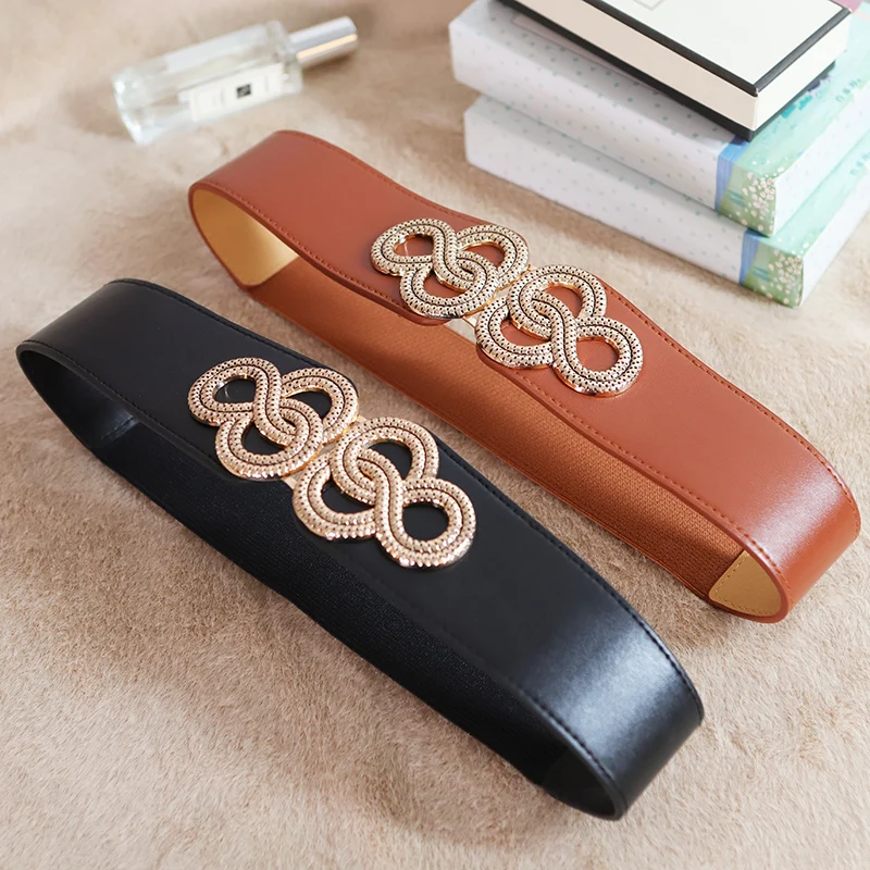 دوامة الذهب اللون مشبك أحزمة الخصر لسيدة الصينية عقدة تصميم Cummerbunds الأسود مطاطا بو الجلود الخصر ختم الهدايا #2