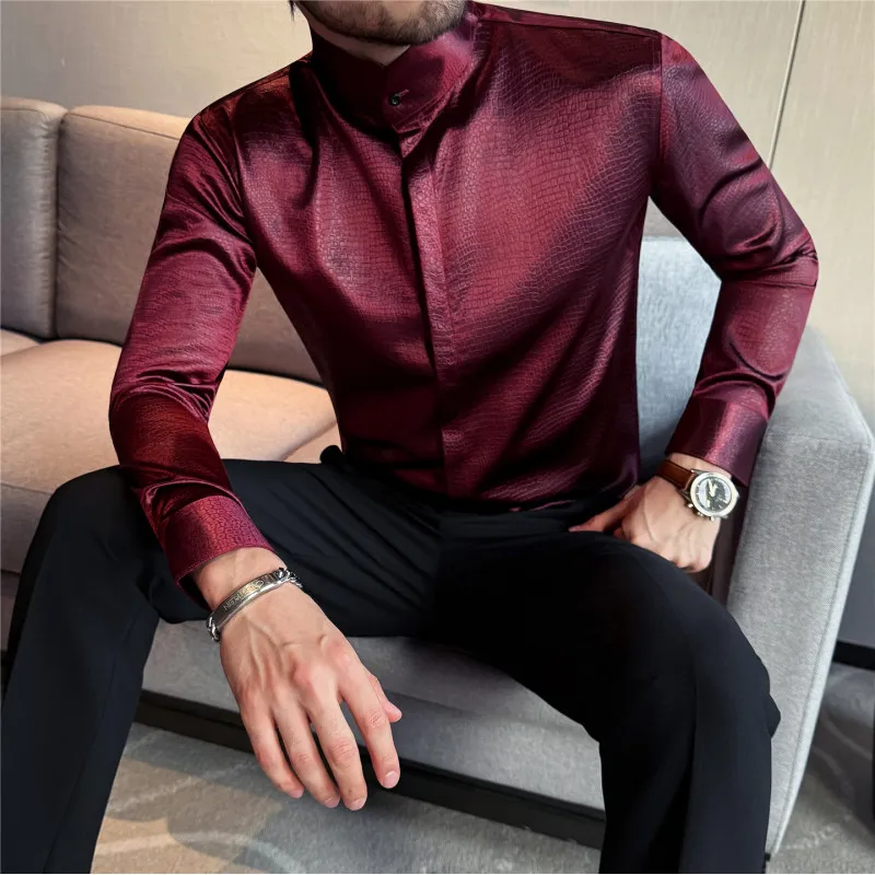 Leather Textured Stand Up Collar Shirt Men's Personalized Bright Face Long Sleeved Shirt Casual Business Social Banquet Shirts