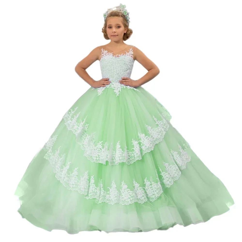 Apliques de encaje blanco azul cielo, sin mangas escalonadas para boda, fiesta de cumpleaños, banquete, vestido de princesa, vestido de niña de flores personalizado